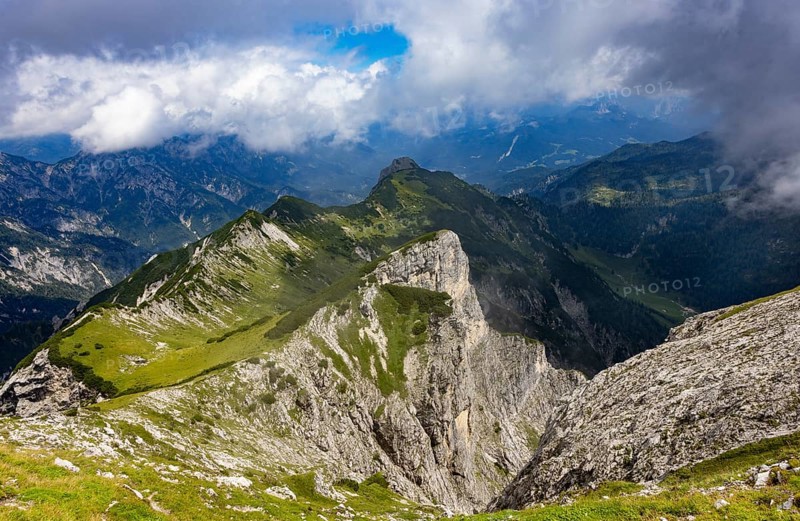 View from the Gamsfeld into the Osterhorn group, Russbach, Salzkammergut, Salzburg province, Austria, Europe