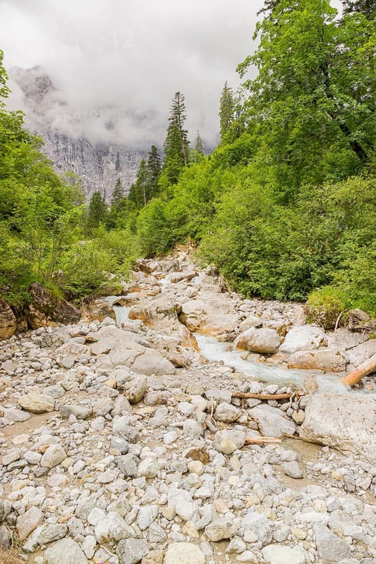 The Enger-Grund creek flowing fast through the Eng valley, Tyrol, Austria, Europe