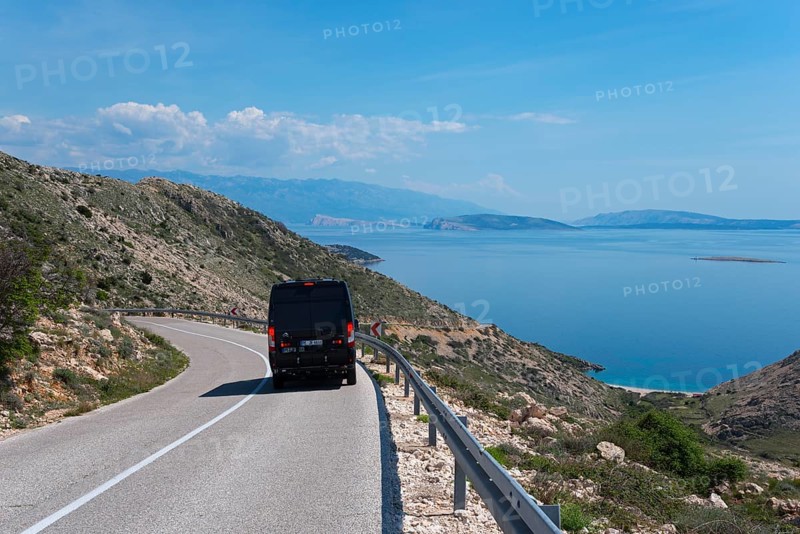Scenic road with a motorhome and breathtaking sea view, camper, mountain road towards Stara Baška, Stara Baska, Altweschke, Primorje-Gorski kotar, Croatia, Europe
