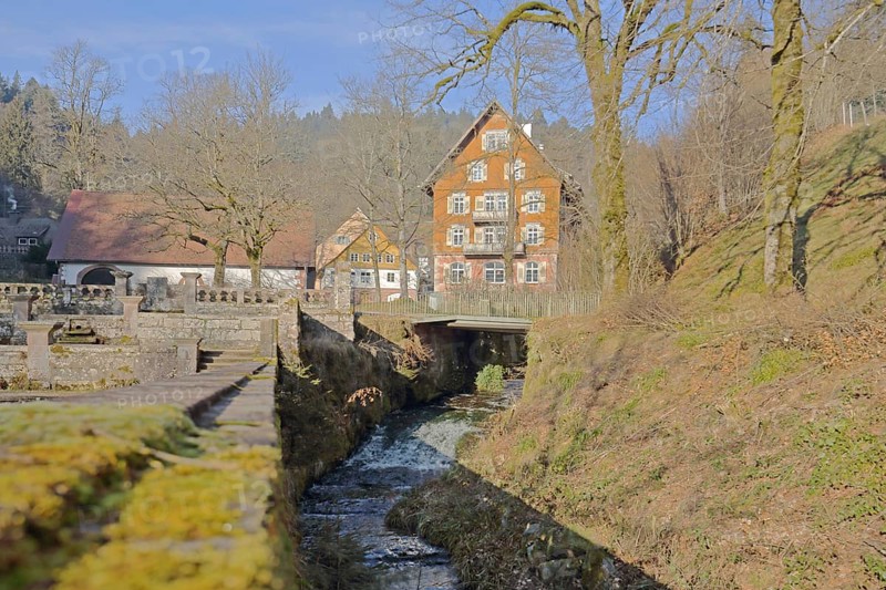 Mossy wall at the Lierbach with building, stream, mossy, monastery Allerheiligen, Oppenau, Northern Black Forest, Black Forest, Ortenau, Baden-Württemberg, Germany, Europe