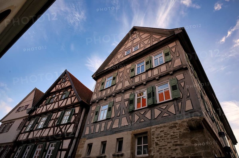 Marbacher Schatzhaus, half-timbered houses, Schiller town Marbach am Neckar, evening light, Baden-Württemberg, Germany, Europe