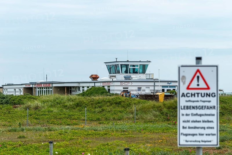 Airfield on the Helgoland dune, building, tower, warning sign, danger to life, offshore island of Helgoland, North Sea, Pinneberg district, Schleswig-Holstein, Germany, Europe