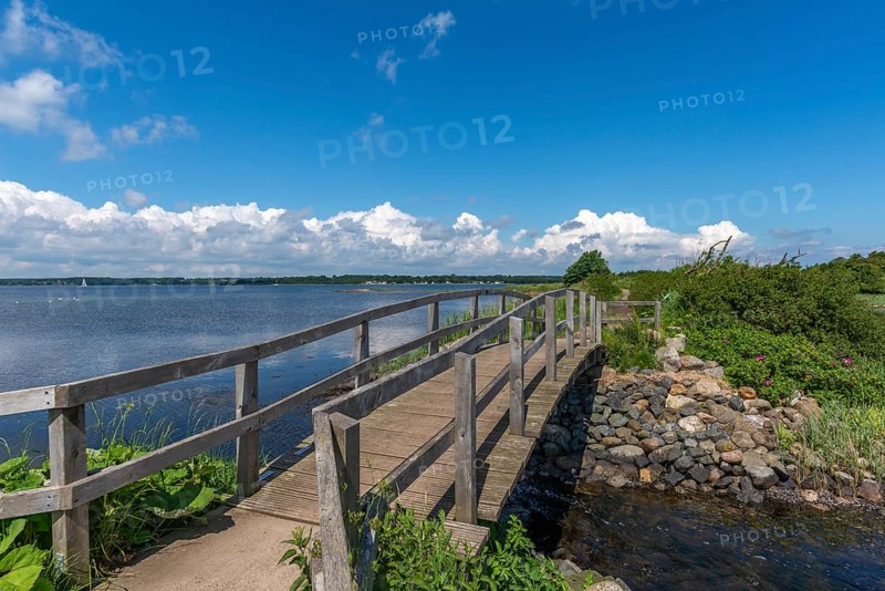 Small Noor in the nature reserve Holnis peninsula, NSG, German, Danish border area, wooden bridge over the connection to the fjord, blue sky, white clouds, German, Danish border area, Glücksburg, Schleswig-Holstein, Germany, Europe