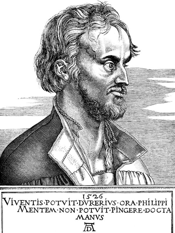 Portrait, Philipp Melanchton (1497-1560), preacher in the Wittenberg town church, Holy Mass in German, drawing after A. Dürer 1526, historical illustration 1883