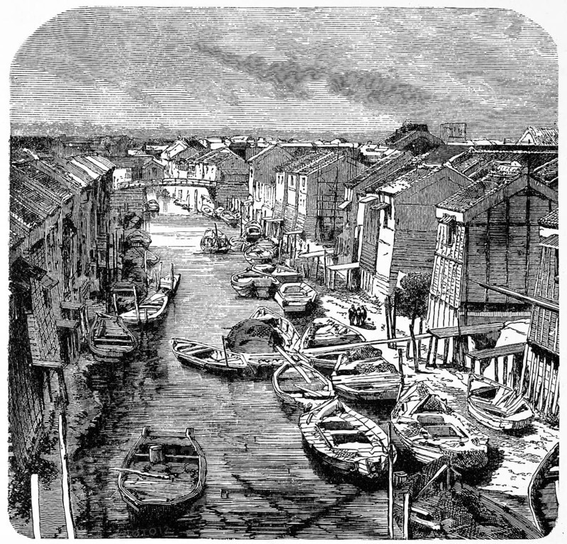 Wooden houses and sandy paths along a canal in old Tokyo, many rowing boats for transporting people of goods, pedestrian bridge, Japan, historical illustration 1882, Asia