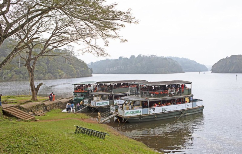Excursion boats on Periyar Lake, Periyar Wildlife Sanctuary or Periyar National Park, Idukki District, Kerala, India, Asia
