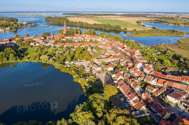 Aerial view of Röbel, lake Mönchteich in front, St. Mary's Church in center of town, lake Müritz, Mecklenburg-Vorpommern, Germany, Europe