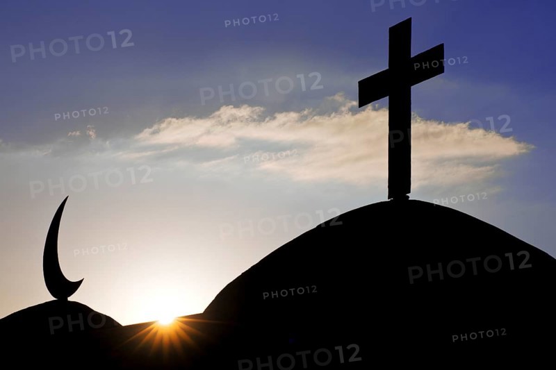 Artwork Migration object, cross and crescent on a former air raid shelter, artist Helmut Bettenhausen, Cranger Kirmesplatz, Herne, Ruhr area, Germany, Europe