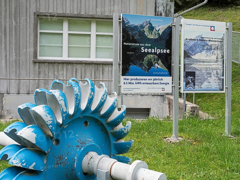 Model of a water turbine, poster describing power generation, power station Seealp-Wasserauen, switzerland