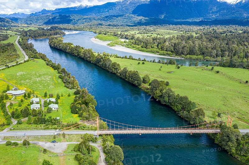 Suspension bridge over river Rio Rosselot, river Rio Palena (back), just north of village La Junta, aerial view, Patagonia, Chile, South America