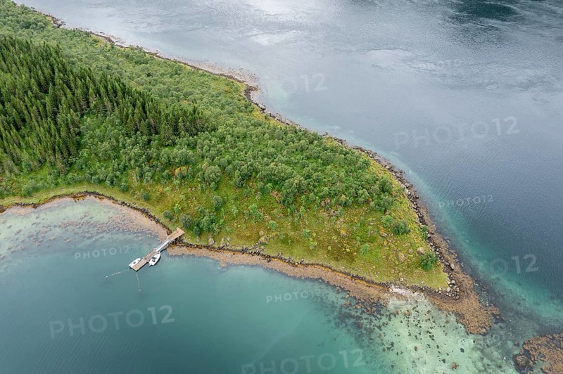 Aerial view of a bay at the Raftsund, single hut with boat, fjord between Lofoten and Vesteralen, Norway, Europe