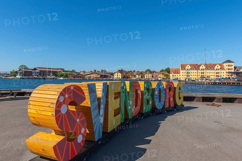 Maritime Svendborg, cityscape, Frederiksø, Frederiks Island in the harbour, colourful lettering, old warehouse, Great Belt, Baltic Sea, Fyn, Fyn Island, Denmark, Europe