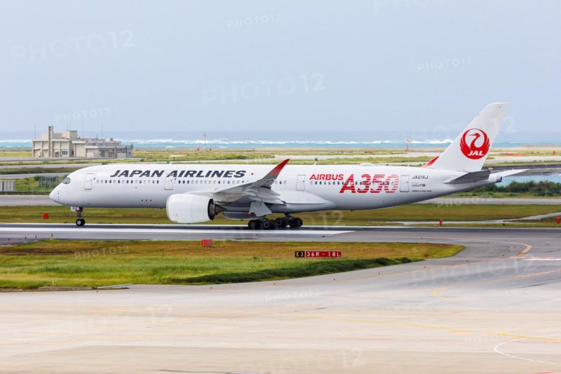 A JAL Japan Airlines Airbus A350-900 aircraft with the registration number JA01XJ at Okinawa Airport (OKA) in Naha, Japan, Asia