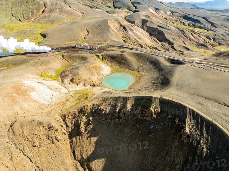 Aerial view of blue lake in the Viti volcano crater at Krafla power plant, Myvatn region, Iceland, Europe