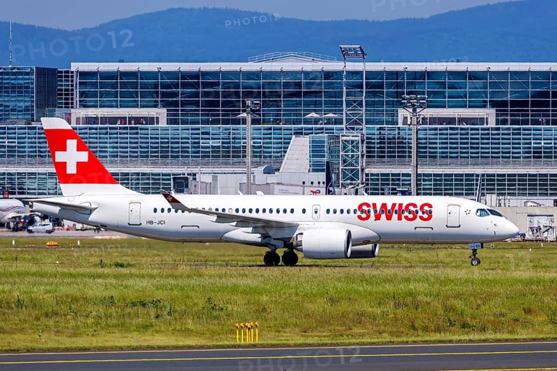 A Swiss Airbus A220-300 aircraft with the registration HB-JCI at the airport in Frankfurt, Germany, Europe