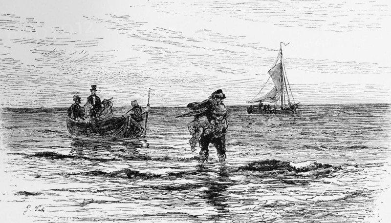 Holidaymaker in a boat, North Sea, Borkum, East Frisia, Lower Saxony, single-master, excursion, return, sailor, pulling a line, calm sea, Germany, historical illustration 1880, Europe