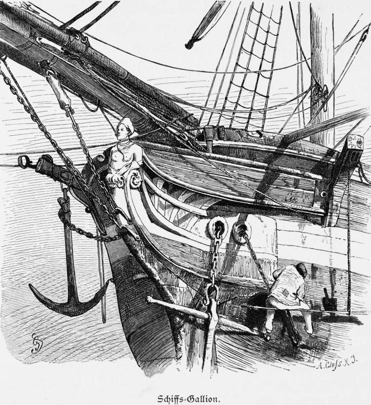 Figurehead at the ship's bow, tall ship, wooden figure, superstition, stem, sailing ship, anchor, sailor, paint, renew, planks, historical illustration 1880