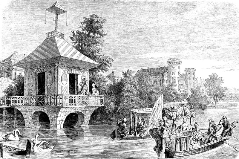 Crown Prince Friedrich and his wife in Rheinsberg, Ruppin, castle, park, lake, open boats, rowers, tower, Brandenburg, Prussian history, historical illustration 1882