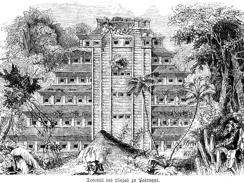 Teocalli las Llajas in Palenque, Central America, Mexico, historical illustration 1880, Central America