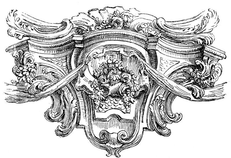 Baroque cartouche, sandstone element, structuring, floral ornamentation, jewellery, architecture, historical illustration 1880