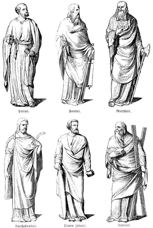 Portraits of the apostles Peter, Paul, Matthew, Bartolomeo, Simon Zelotes, Andrew, Bible, New Testament, Gospel of Luke, historical illustration 1880