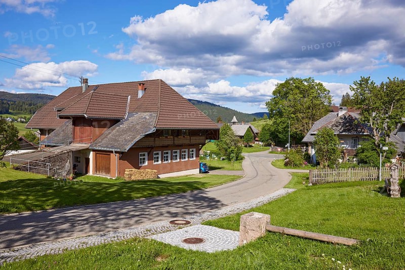 Street with typical Black Forest houses through the Oberlehen district, Bernau im Black Forest, Black Forest, Waldshut district, Baden-Württemberg, Germany, Europe