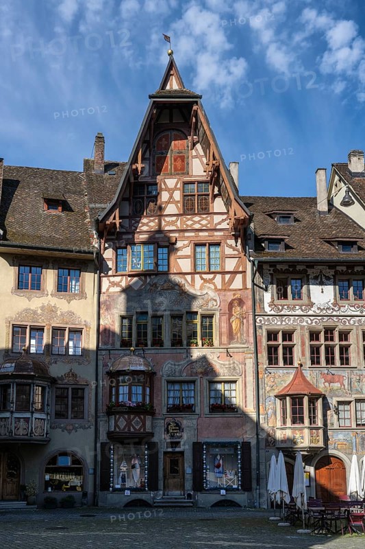 Imposing, historic half-timbered buildings with detailed facade paintings on the market square in the old town of Stein am Rhein, an important sight in Switzerland, Canton Schaffhausen, Switzerland, Europe