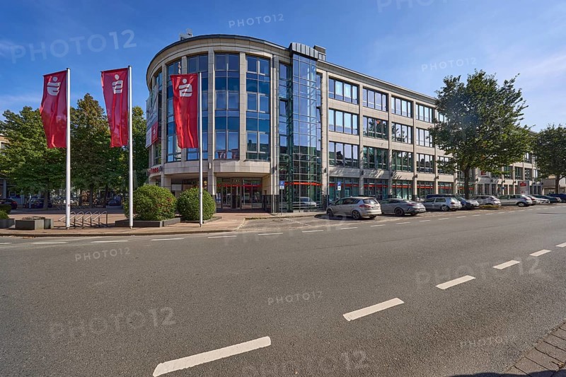 Head office of Niederrheinische Sparkasse RheinLippe with flags on Bismarckstraße in Wesel, Lower Rhine, Wesel district, North Rhine-Westphalia, Germany, Europe