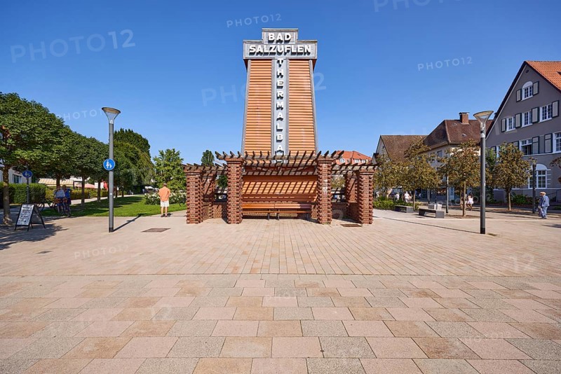 Graduation house, salt works with inscription Bad Salzuflen thermal baths and rose garden spa gardens with trees and lanterns in Bad Salzuflen, Lippe district, North Rhine-Westphalia, Germany, Europe