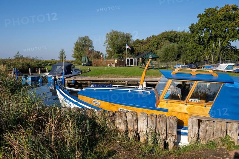 Fishing harbour on the Achterwasser, Zempin, Usedom Island, Baltic Sea, Mecklenburg-Western Pomerania, Germany, Europe