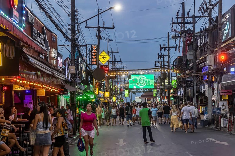 Crowds of people on Bangla Street in the evening. Nightlife on Bangla Walking Street with go-go bars, clubs, cannabis bars and extreme loudness. Patong, Kathu, Phuket Island, Thailand, Asia
