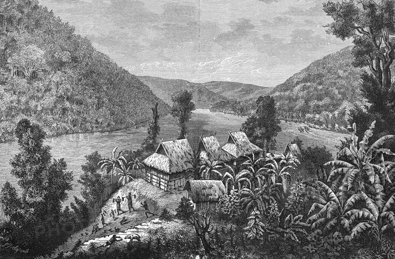 Banana plants in Cambodia, riverside, mountain landscape, plantation, tropical climate, workers, thatched houses, travelling in Southeast Asia, historical illustration 1887