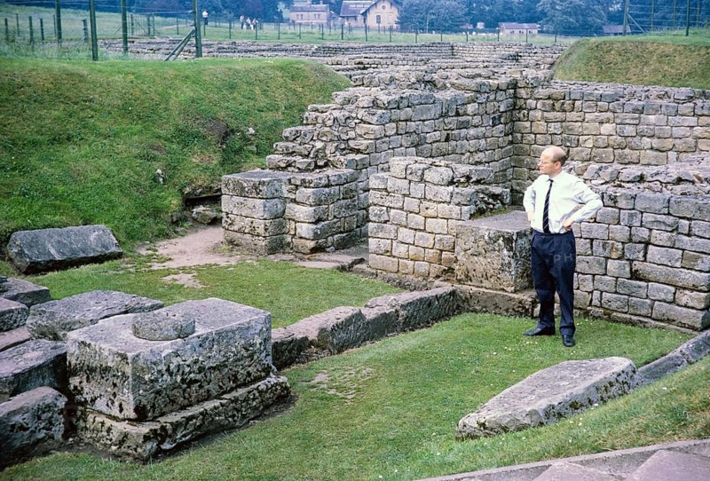 Visit by the Archaeological Society to Hadrian's Wall, Northumberland, England, UK Dr Brian Dobson (1931 2012) to the Roman fort at Chesters, Hexham 1969