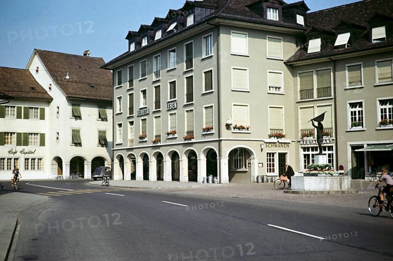 Historic buildings and Dornach fountain with statue, Dornach fountain, Rossmarktplatz, Solothurn, Switzerland, July 1959, Europe