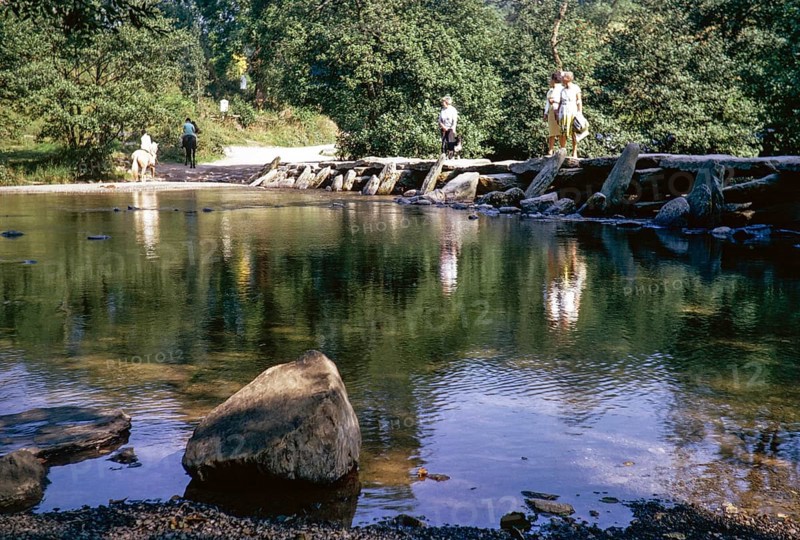 Tarr Steps bascule bridge, River Barle, Exmoor National Park, Somerset, England, Great Britain, autumn 1968