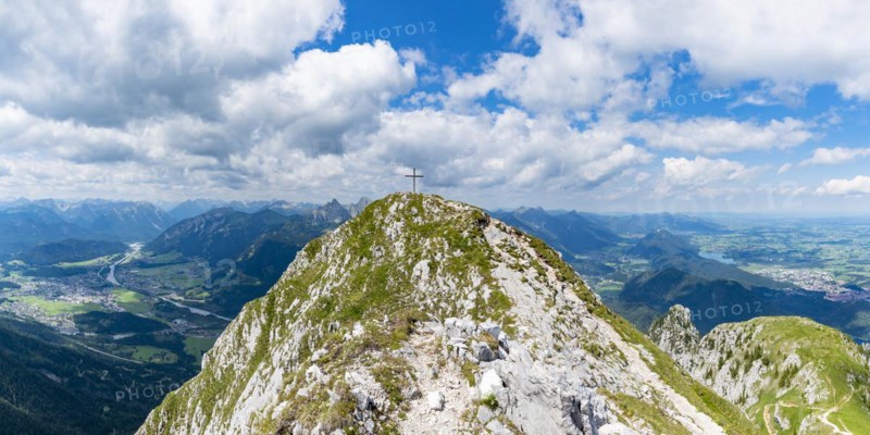 Panorama from the Säuling, 2047m, on Reutte in Tyrol, Austria, and Füssen, Ostallgäu, Bavaria, Germany, Europe