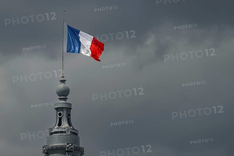 The French national flag, tricolour, on the Grand Palais, Paris, Île-de-France, France, Europe