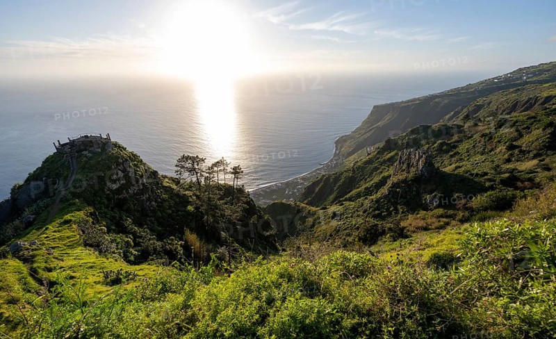Evening mood, green coastal landscape on a steep cliff, sea and coast, viewpoint Miradouro da Raposeira, Paul do Mar, Madeira, Portugal, Europe