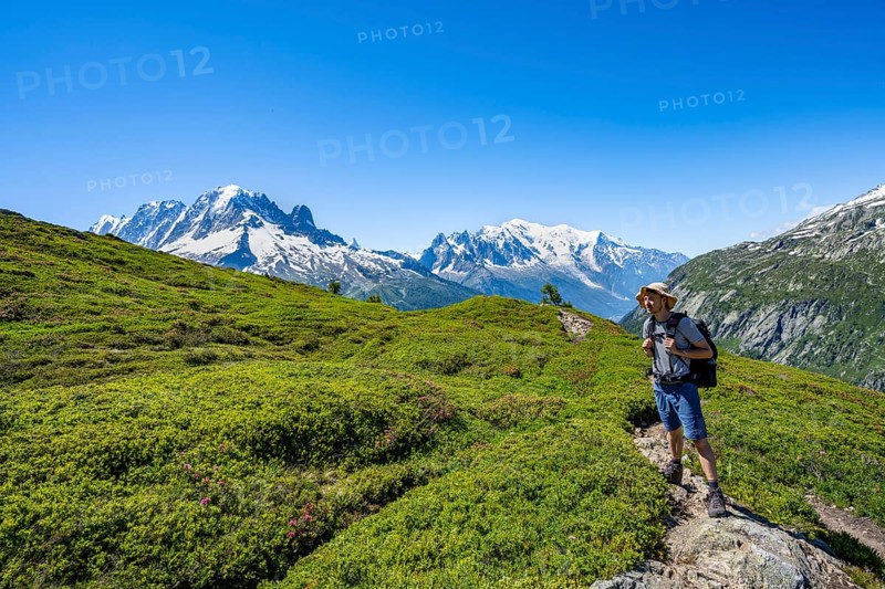Mountaineer on hiking trail, mountain panorama with glaciated mountain peaks, Aiguille Verte with Aiguille du Midi and Mont Blanc, hike to Aiguillette des Posettes, Chamonix, Haute-Savoie, France, Europe