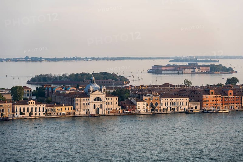 Guidecca Island with Le Zitelle Church or Chiesa di Santa Maria della Presentazione in the evening light, Guidecca Canal, view from the Campanile di San Marco bell tower, Venice, Venice, Veneto, Italy, Europe
