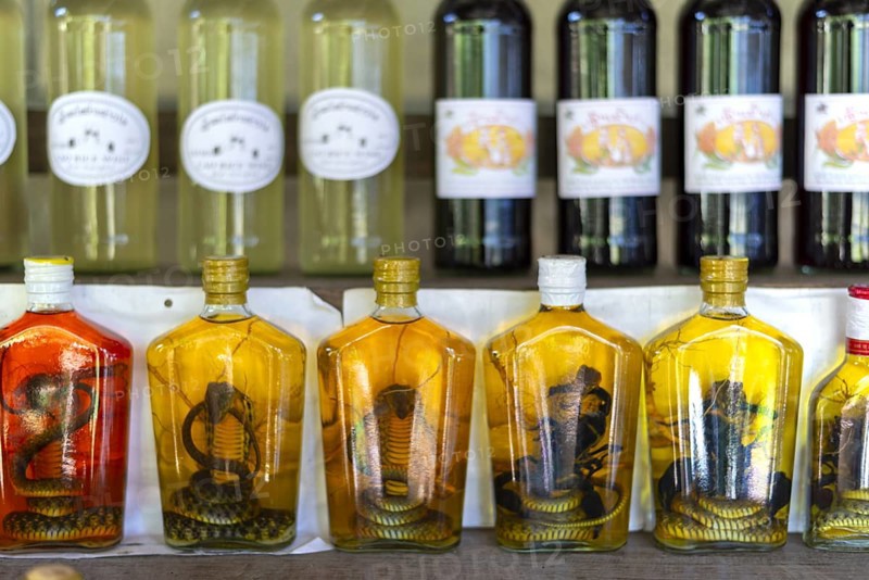 Choum, rice liquor, rice wine with pickled scorpions and Snakes for sale, Laos, Asia