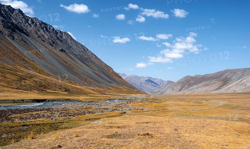 Burkhan valley with river, mountain landscape with golden meadows, Terskey Ala-Too, Tien Shan, Issyk Kul province, Kyrgyzstan, Asia