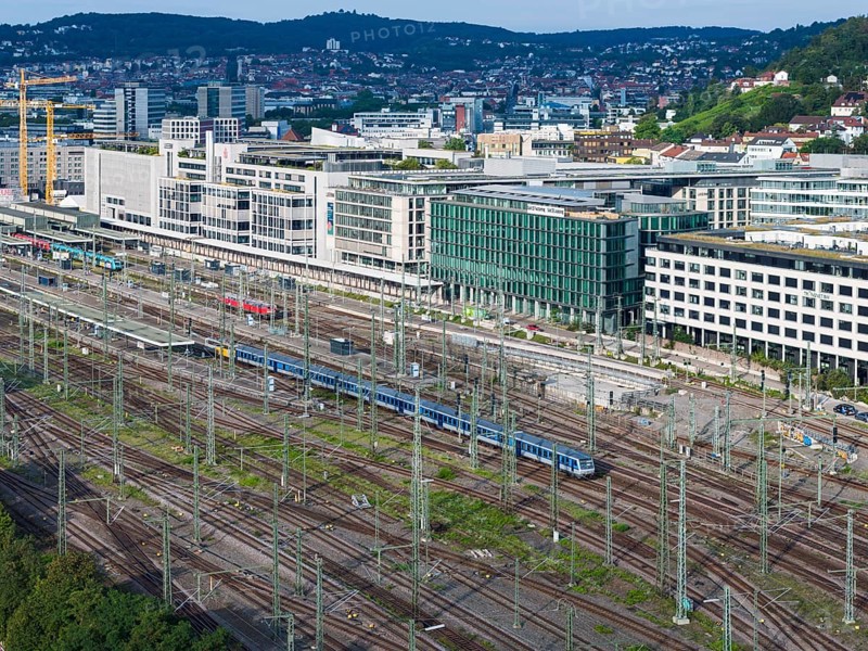 Track apron at Stuttgart Central Station with the functional buildings of the Europaviertel. After completion of the Stuttgart21 project, the Rosenstein quarter and flats are to replace the railway tracks. Stuttgart, Baden-Württemberg, Germany, Europe