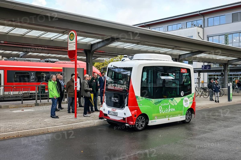 Iserlohn, North Rhine-Westphalia, Germany - Autonomous electric buses at the city railway station, a total of two automated electric buses run on a 1.5 kilometre test route between Iserlohn railway station and the campus of the South Westphalia University of Applied Sciences on regular services