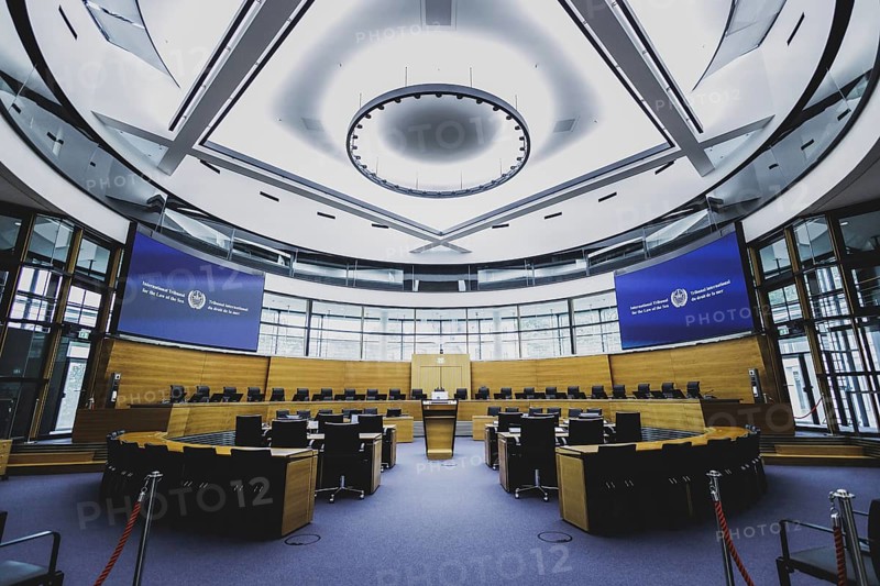 Courtroom at the International Tribunal for the Law of the Sea, photographed in Hamburg, 26 July 2024. /