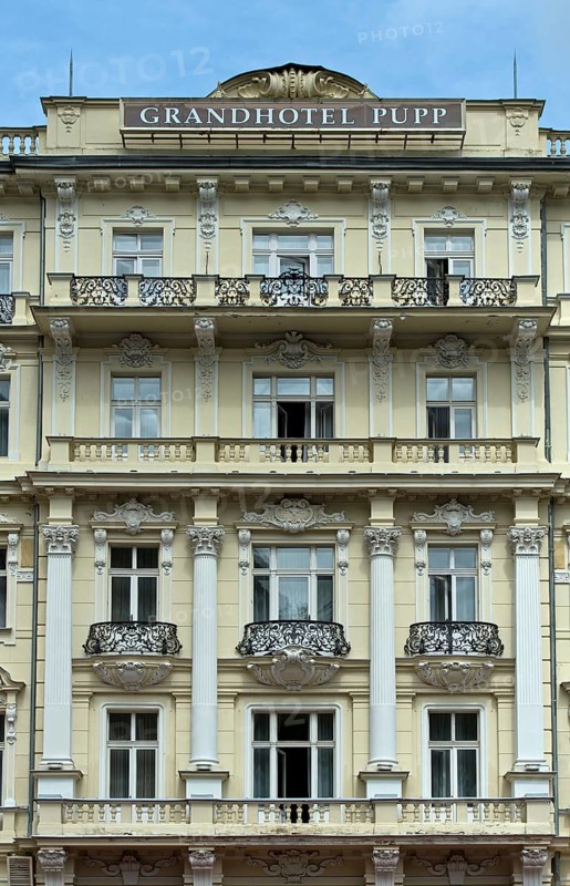Art Nouveau window front at the Grandhotel Pupp in the spa district, Karlovy Vary, Bohemia, Czech Republic, Europe