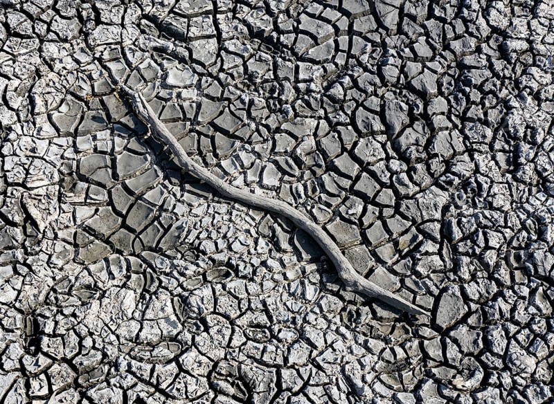 The bottom of a dried-up fish pond in Reckahn in Brandenburg looks like parched desert soil. The Plane, a river that usually fills the fish ponds with water, is dry and no longer carries any water, Reckahn, 09/08/2022