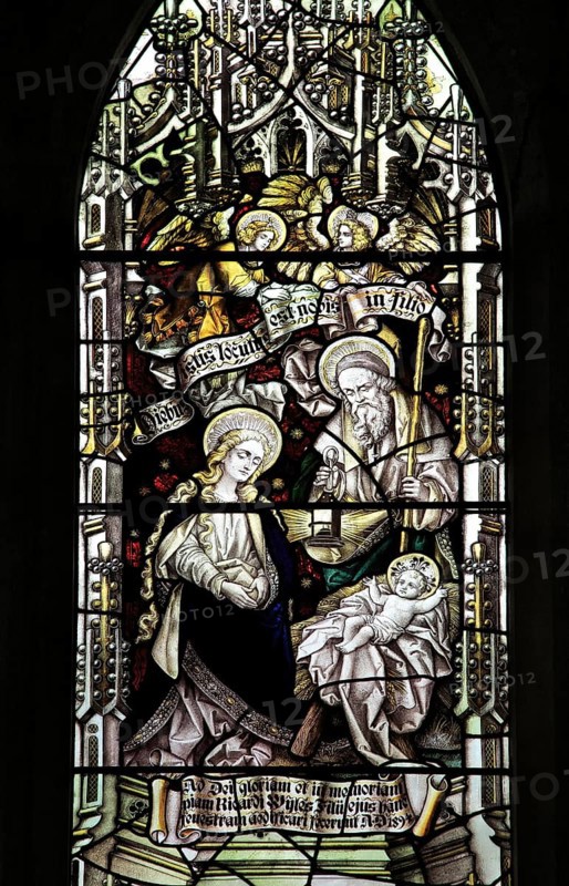 Birth of Jesus, stained glass window above altar Church of Saint Mary, Coddenham, Suffolk, England, UK