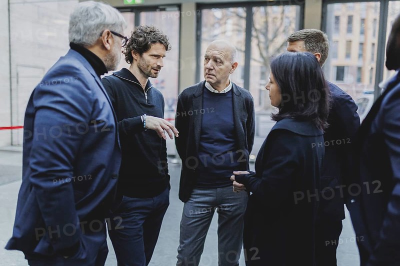 (L-R) Jimmy Hartwig, former professional footballer, Arne Friedrich, Bernd Neuendorf, President of the DFB, and Annalena Bärbock (Alliance 90/The Greens), Federal Foreign Minister, photographed at the kick-off event for the European Football Championship in Berlin, 1 February 2024 / Photographed on behalf of the Federal Foreign Office