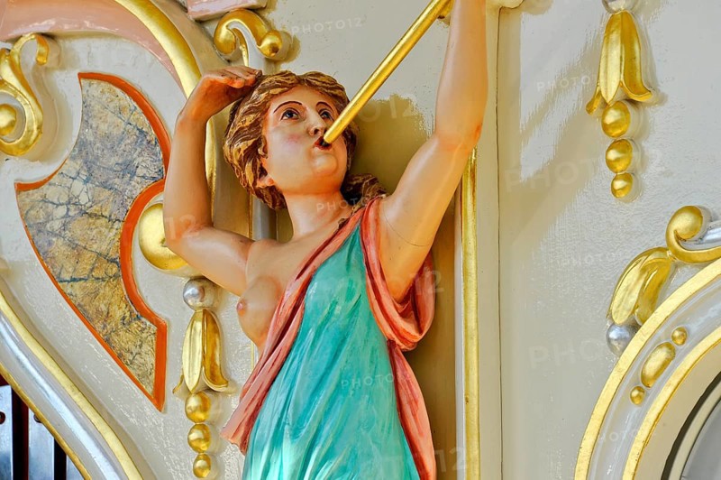 Wooden figure, colourful painted, wooden figure, woman blowing fanfare, bosom free, old Hooghuys organ on carousel, fairground organ, historical Oktoberfest, Oktoberfest, Munich, Upper Bavaria, Bavaria, Germany, Europe